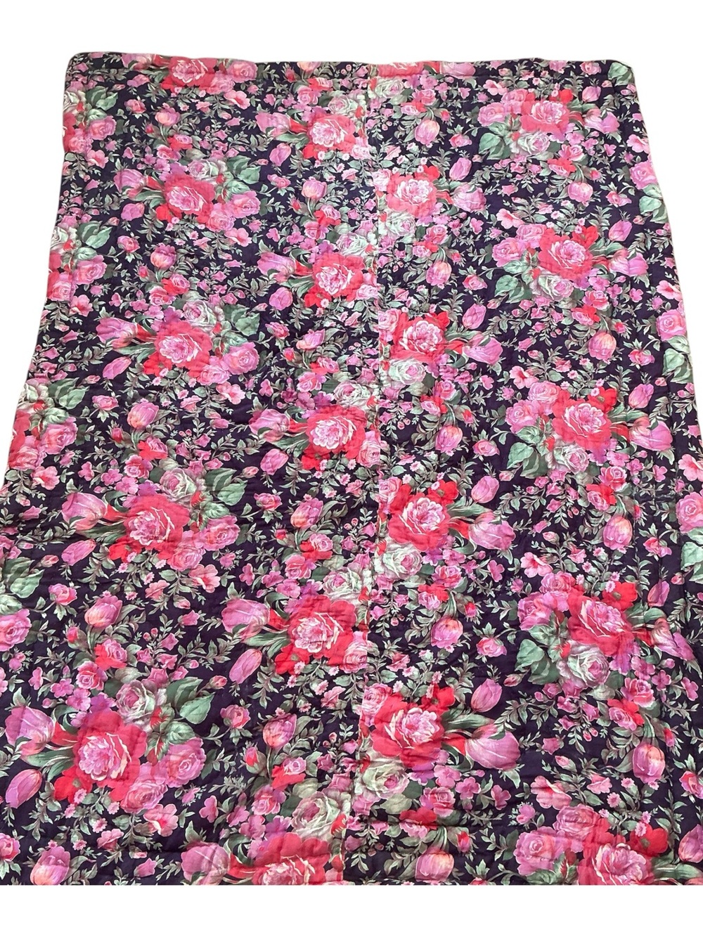 Vintage hand stitched floral sateen feel quilted blanket 56 x 79” USA made